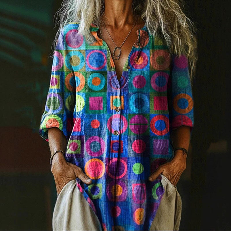 Emma - Retro Geometric Button-Up Top