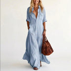 Emma - Women's Cotton-Linen Button-Front Shirt Dress