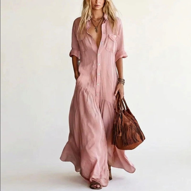 Emma - Women's Cotton-Linen Button-Front Shirt Dress