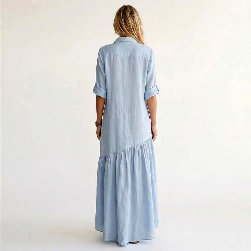 Emma - Women's Cotton-Linen Button-Front Shirt Dress