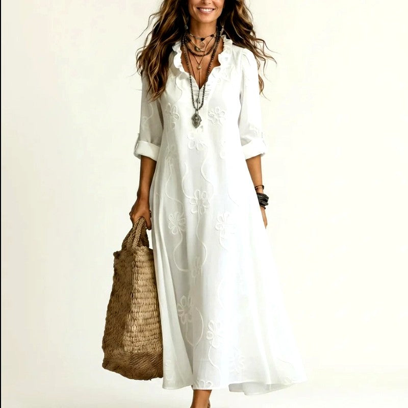 Eve - Women's Floral Embroidery Cotton Resort Dress