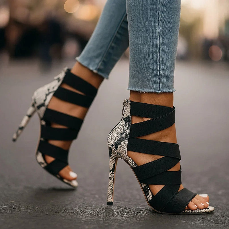 Gwyneth - Women’s Snake Print Detail Strappy Heels