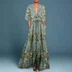 Irene - Women's Floral Embroidered V-Neck Maxi Dress