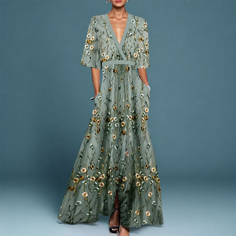 Irene - Women's Floral Embroidered V-Neck Maxi Dress