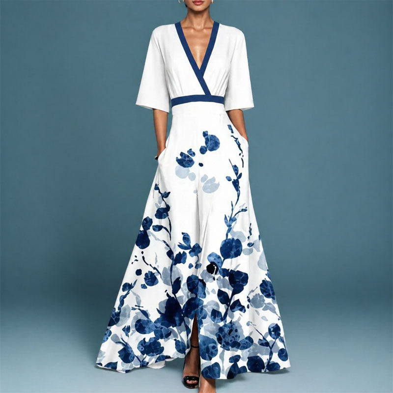 Irene - Women's Floral Embroidered V-Neck Maxi Dress