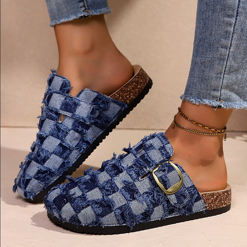 Isolde - Women's Frayed Denim Comfort Clogs