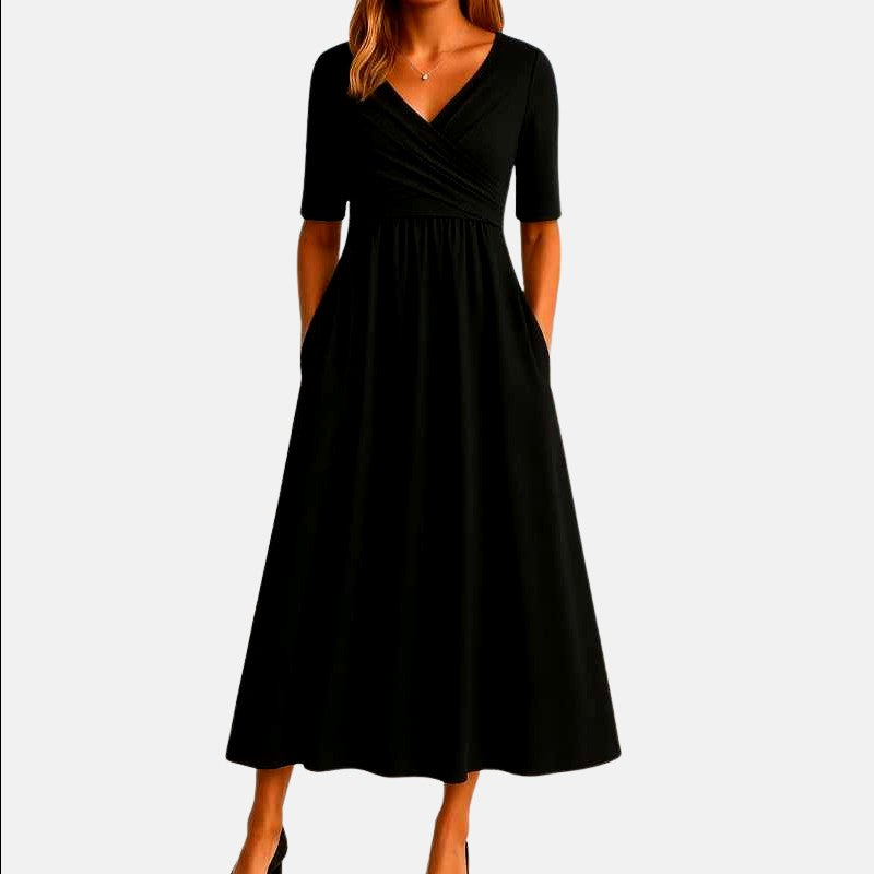 Jeanette - Women's Short Sleeve V-Neck Wrap Midi Dress