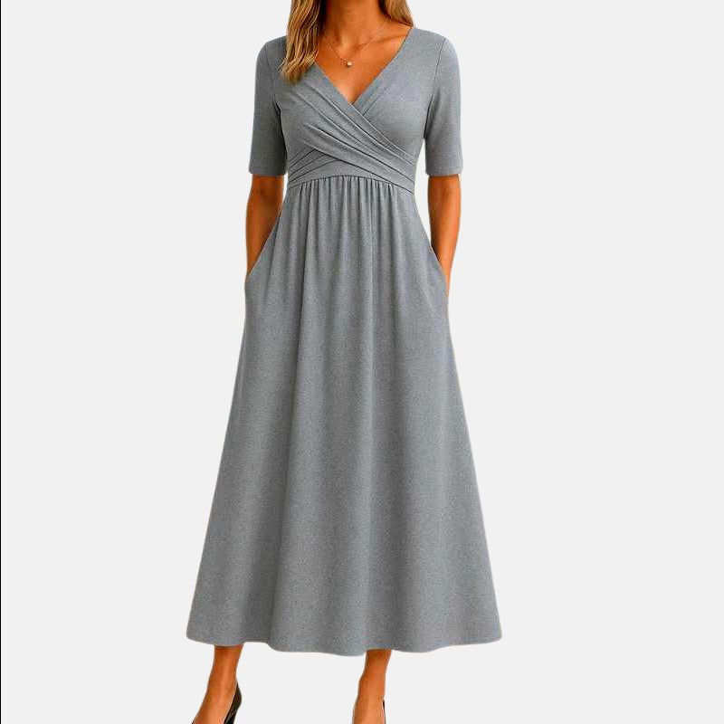 Jeanette - Women's Short Sleeve V-Neck Wrap Midi Dress