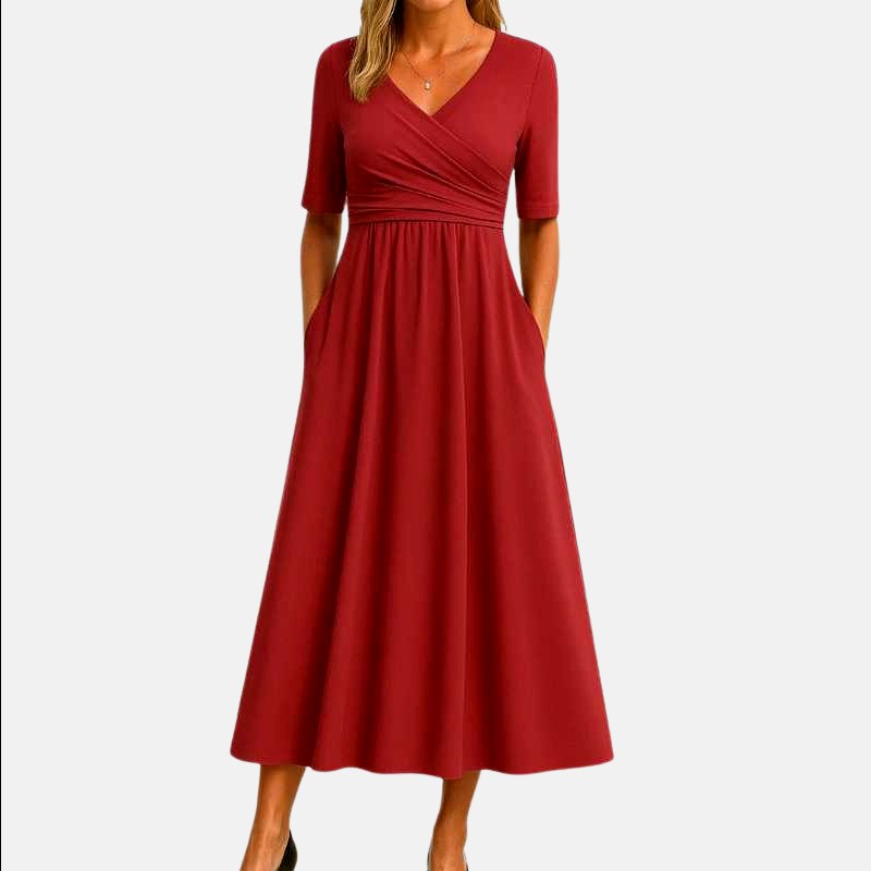 Jeanette - Women's Short Sleeve V-Neck Wrap Midi Dress