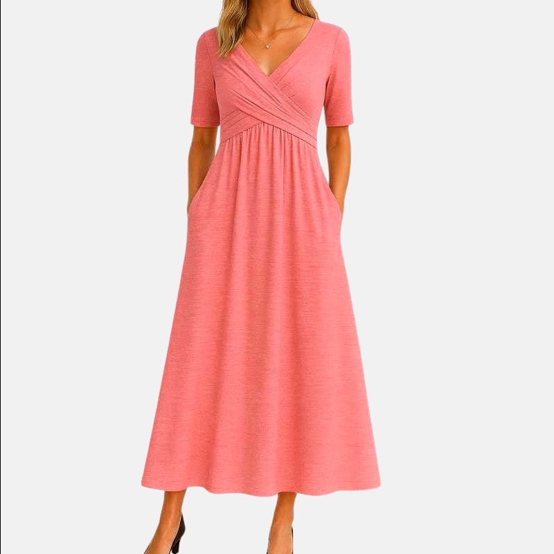 Jeanette - Women's Short Sleeve V-Neck Wrap Midi Dress