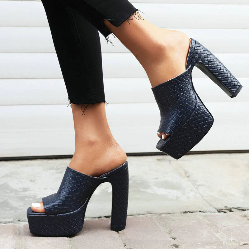 Julie - Women's Textured Platform Block Heel Mules