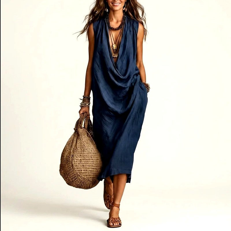 Juliet - Cotton-Linen Cowl-Neck Midi Dress