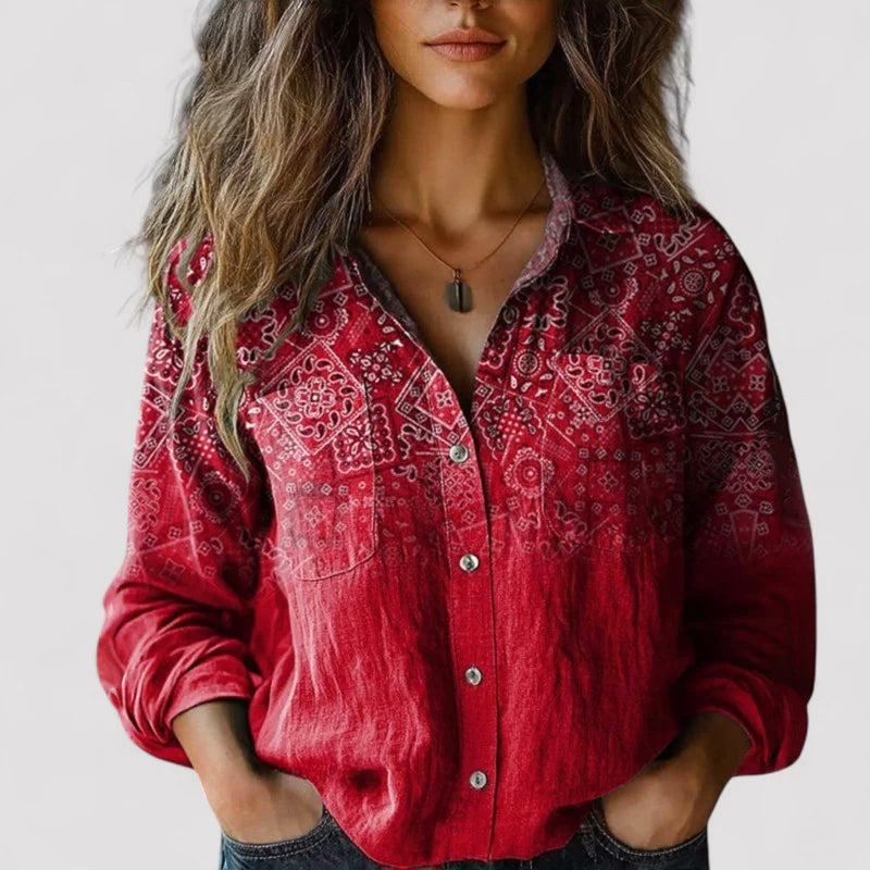 Kara - Women's Boho Print Button-Down Shirt
