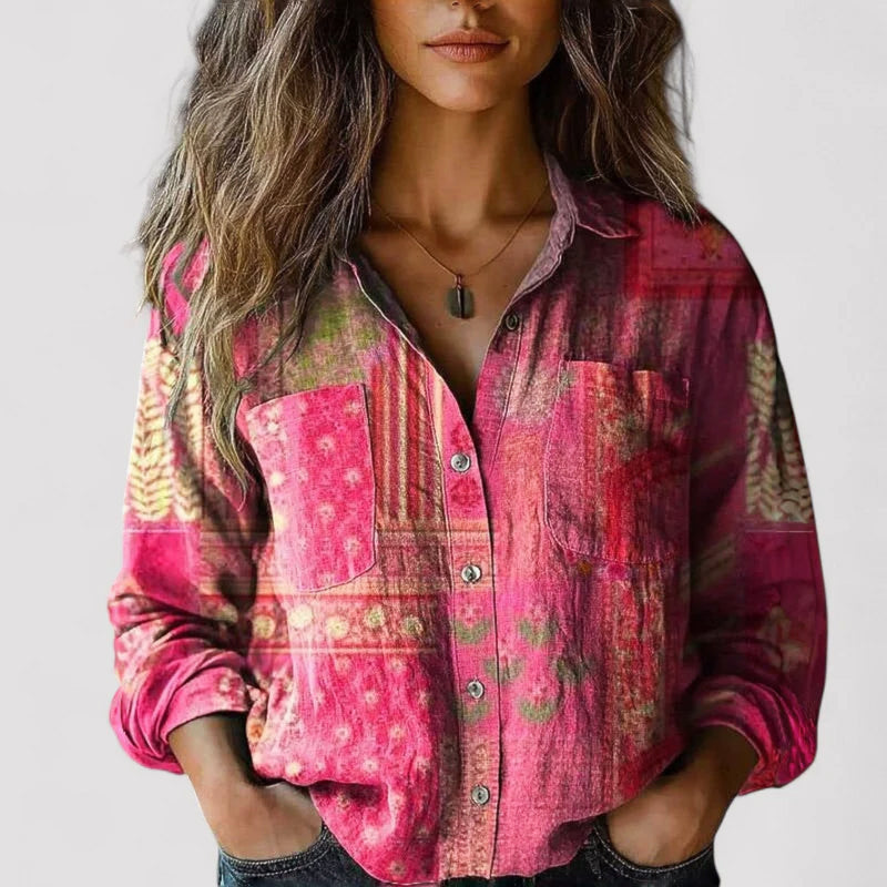 Kara - Women's Boho Print Button-Down Shirt
