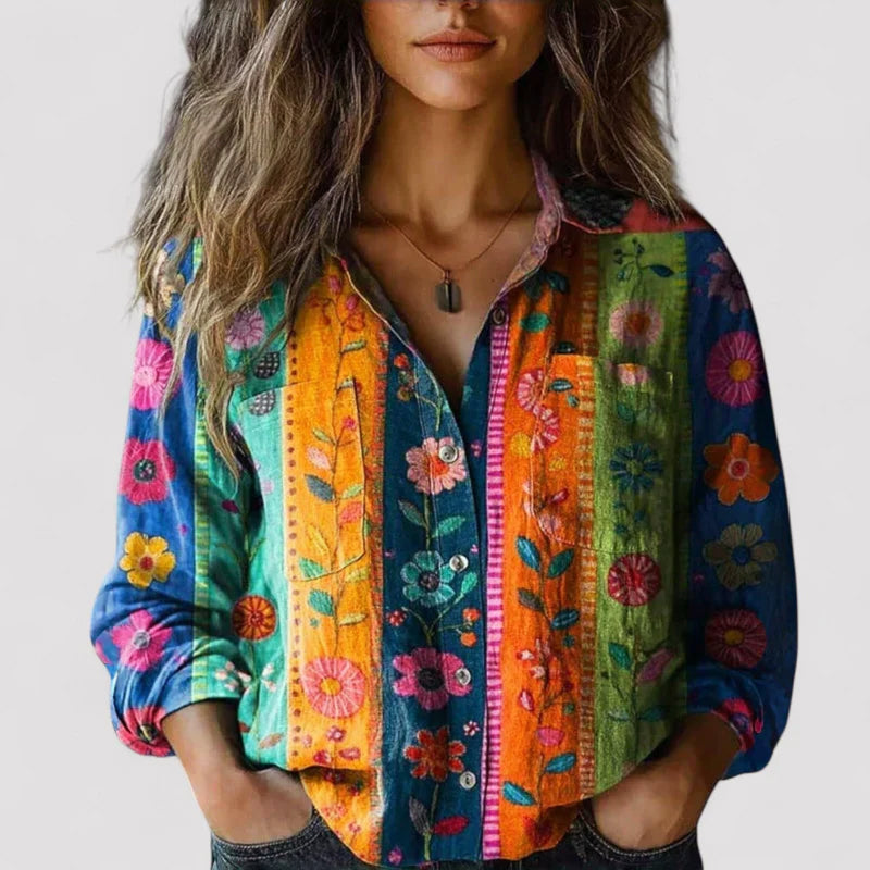 Kara - Women's Boho Print Button-Down Shirt