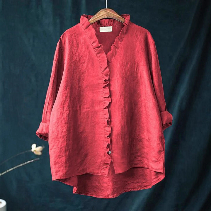Karen - Women’s Ruffled V-Neck Blouse with Button Front