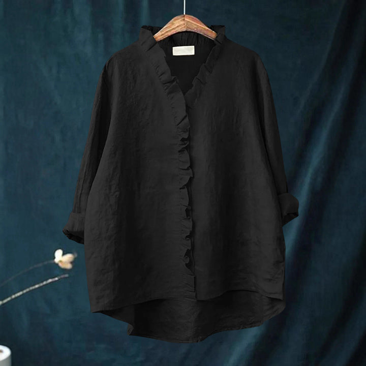 Karen - Women’s Ruffled V-Neck Blouse with Button Front