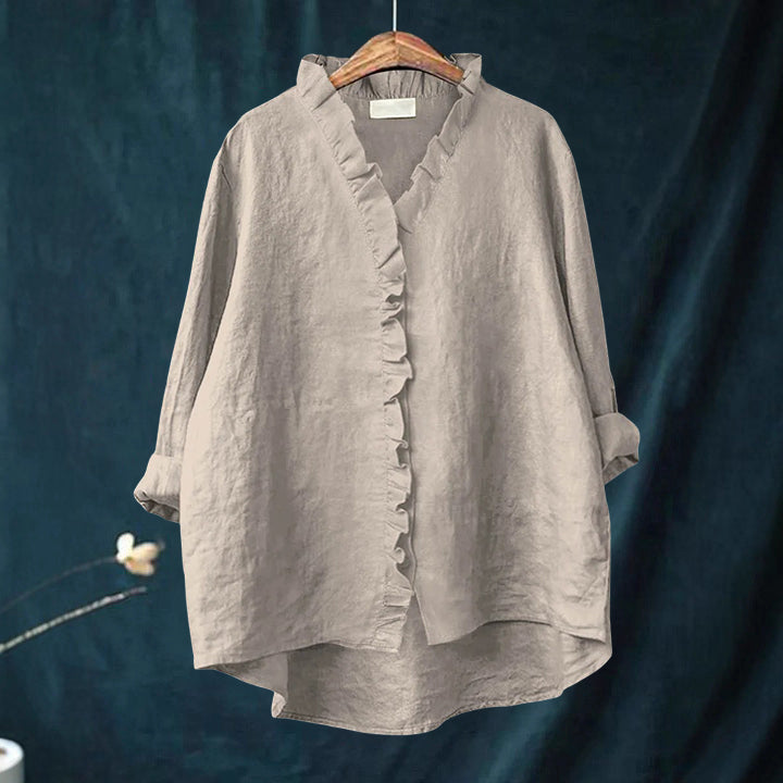 Karen - Women’s Ruffled V-Neck Blouse with Button Front