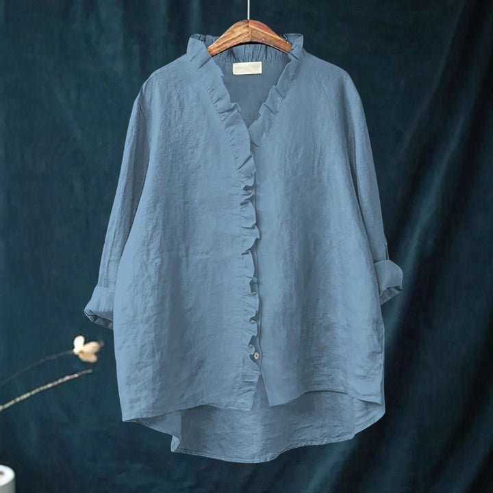 Karen - Women’s Ruffled V-Neck Blouse with Button Front