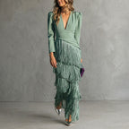 Keira - Women's Fringe Detail V-Neck Evening Dress