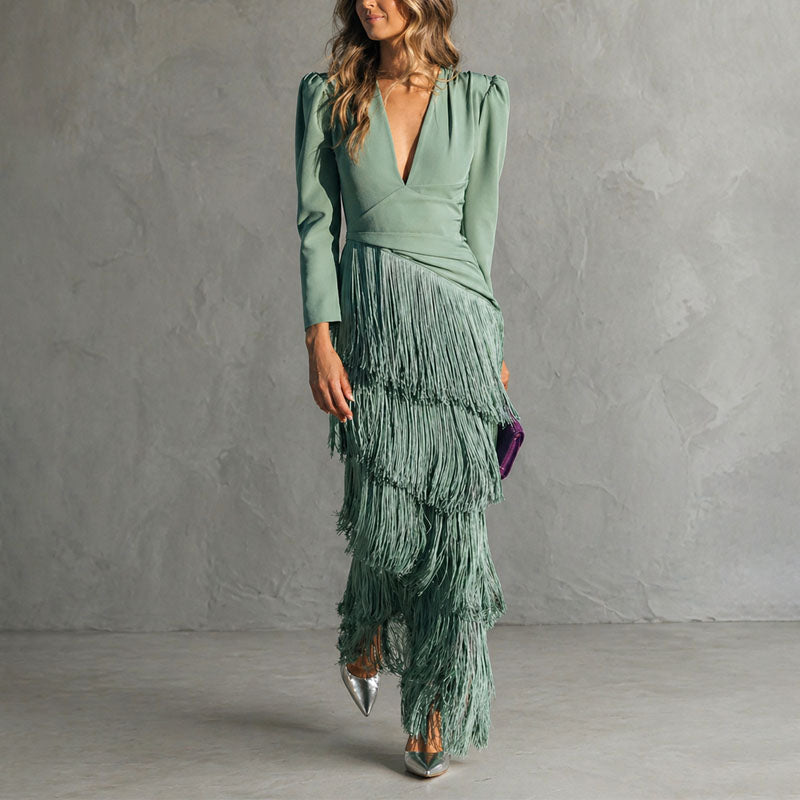 Keira - Women's Fringe Detail V-Neck Evening Dress