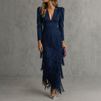 Keira - Women's Fringe Detail V-Neck Evening Dress
