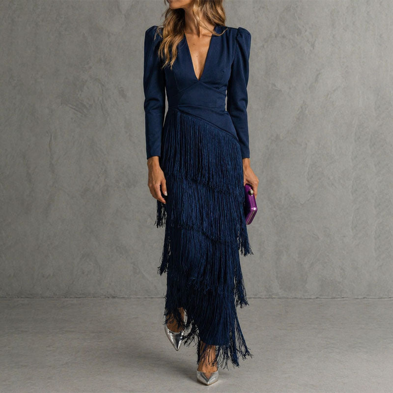 Keira - Women's Fringe Detail V-Neck Evening Dress