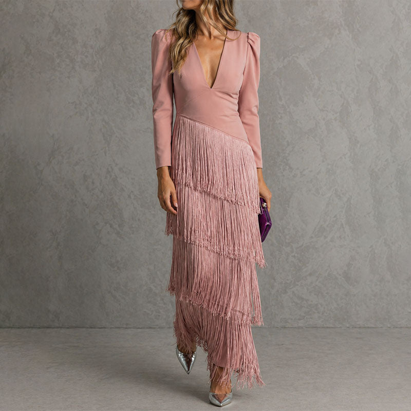 Keira - Women's Fringe Detail V-Neck Evening Dress