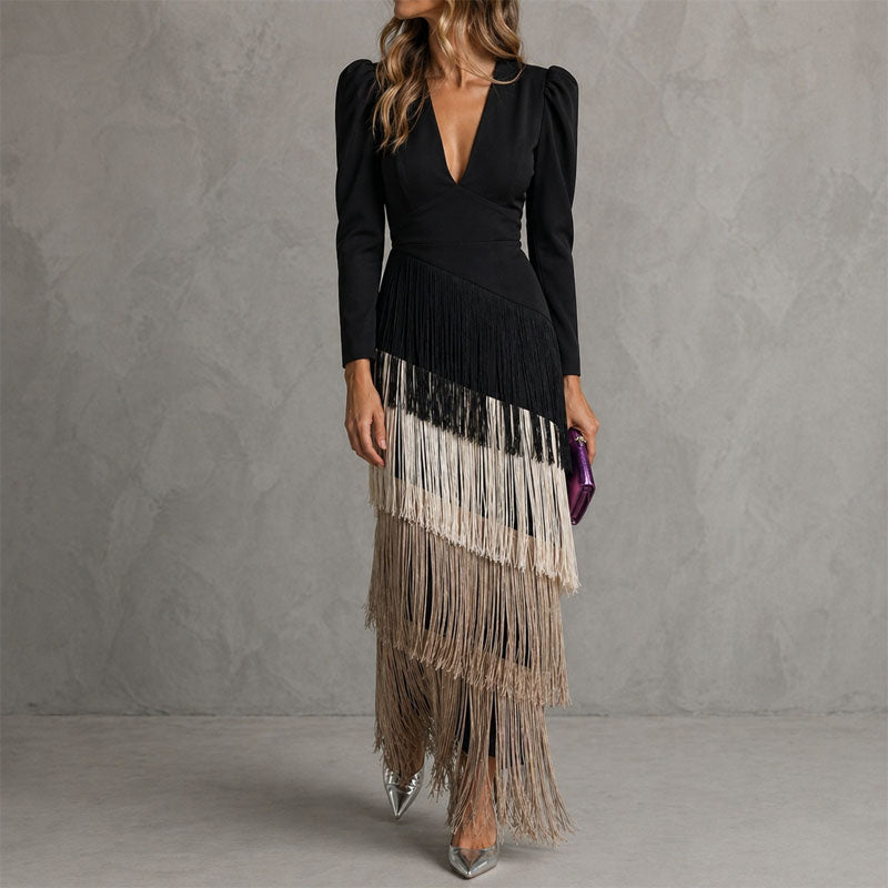 Keira - Women's Fringe Detail V-Neck Evening Dress
