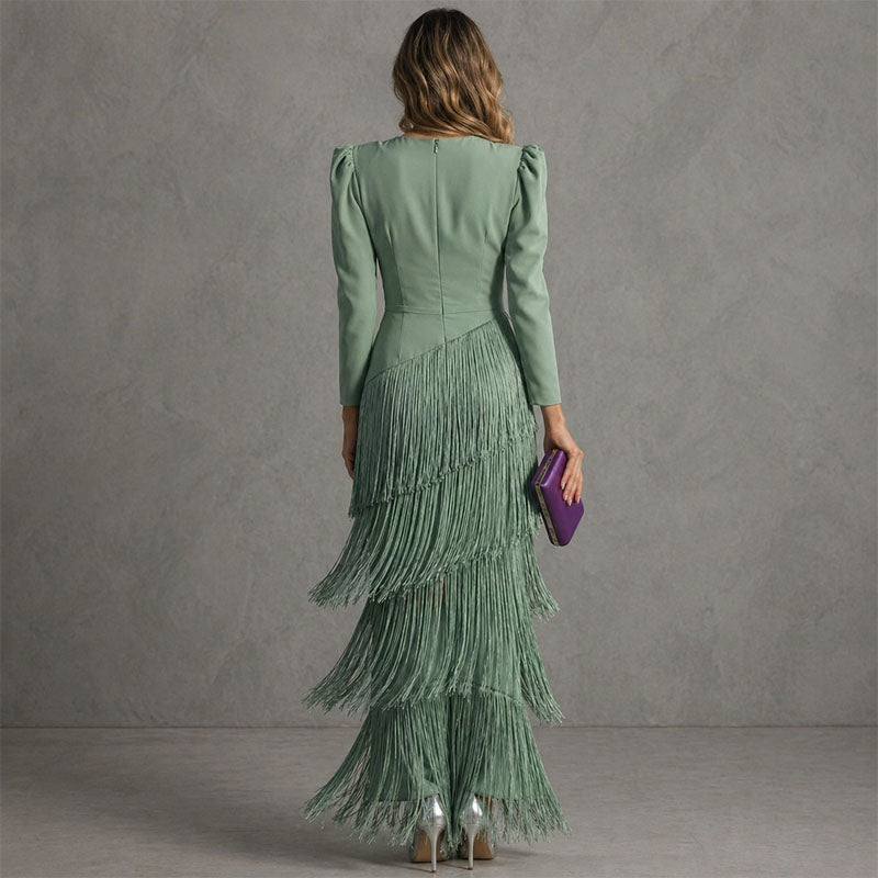Keira - Women's Fringe Detail V-Neck Evening Dress