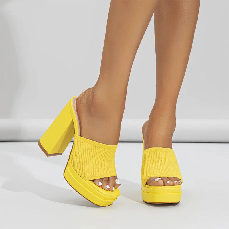 Kimberly - Women's Ribbed Strap Platform Block Heel Mules