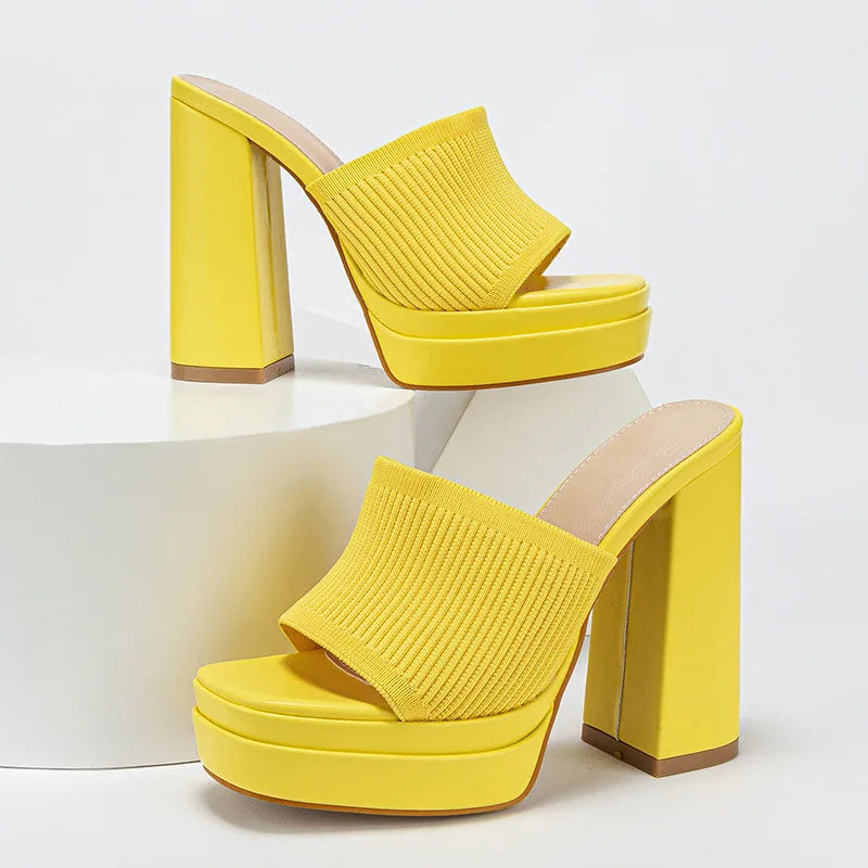 Kimberly - Women's Ribbed Strap Platform Block Heel Mules