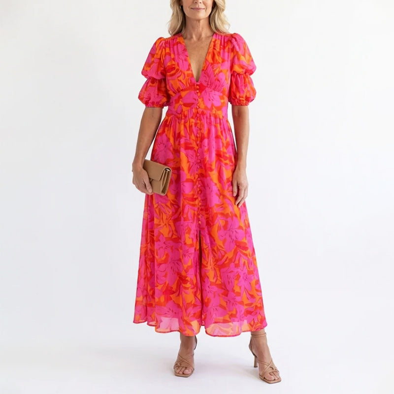 Kinsley - Women's Floral Puff Sleeve Midi Dress