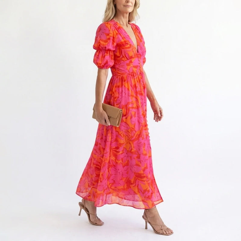 Kinsley - Women's Floral Puff Sleeve Midi Dress