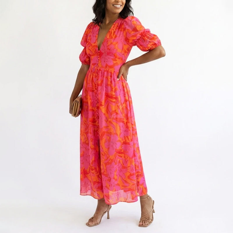 Kinsley - Women's Floral Puff Sleeve Midi Dress
