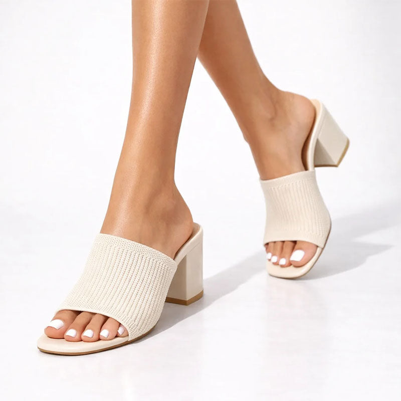 Kirsten – Women’s Ribbed Knit Strap Heeled Mules