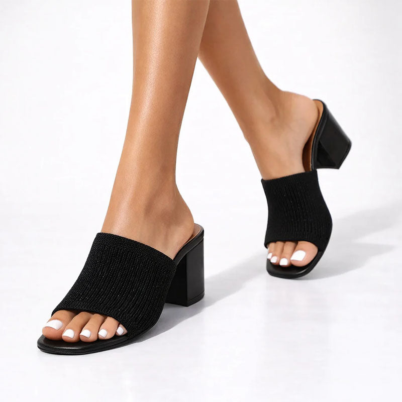 Kirsten – Women’s Ribbed Knit Strap Heeled Mules