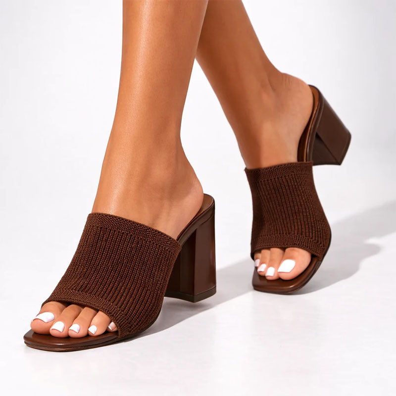 Kirsten – Women’s Ribbed Knit Strap Heeled Mules
