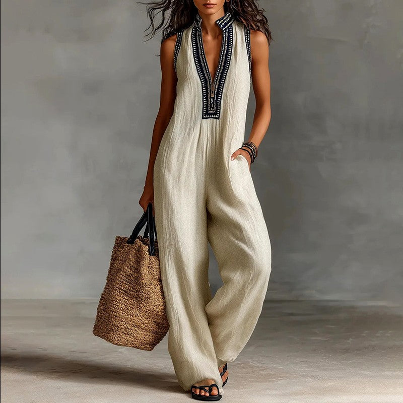 Lara - Women's Embroidered Tank Linen Jumpsuit