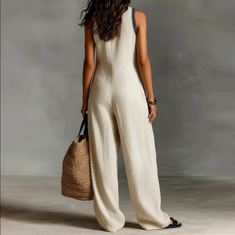 Lara - Women's Embroidered Tank Linen Jumpsuit