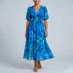Liana - Women’s Floral Midi Dress with Puff Sleeves and V-Neck