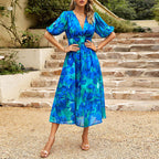 Liana - Women’s Floral Midi Dress with Puff Sleeves and V-Neck