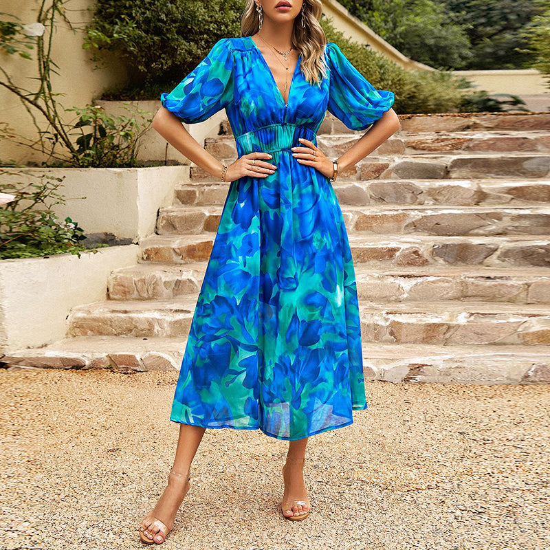 Liana - Women’s Floral Midi Dress with Puff Sleeves and V-Neck