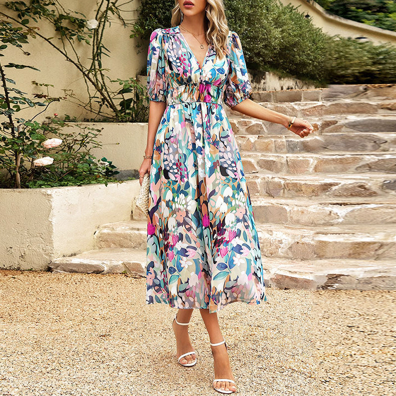Liana - Women’s Floral Midi Dress with Puff Sleeves and V-Neck