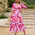 Liana - Women’s Floral Midi Dress with Puff Sleeves and V-Neck