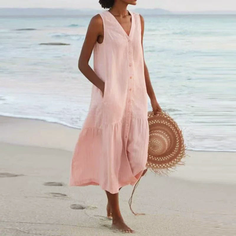 Liana - Women’s Sleeveless Button-Front Midi Dress