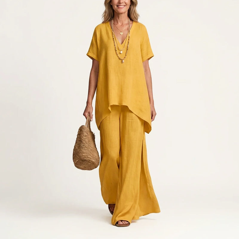 Lillian - Women's V-Neck Top and Wide Leg Pants Set