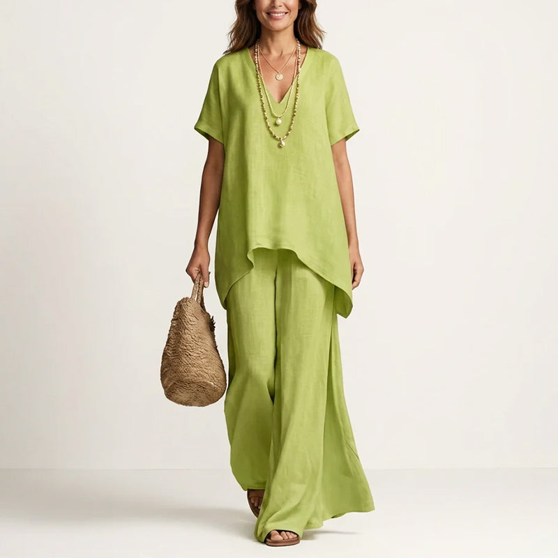Lillian - Women's V-Neck Top and Wide Leg Pants Set