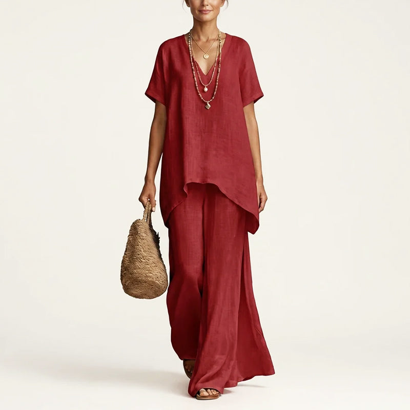 Lillian - Women's V-Neck Top and Wide Leg Pants Set