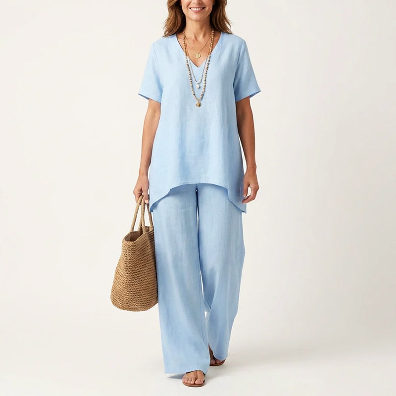 Lillian - Women's V-Neck Top and Wide Leg Pants Set